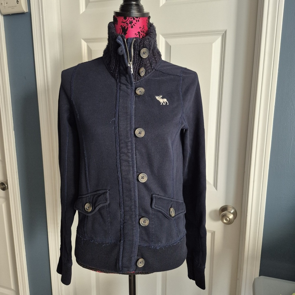 Vtg Y2K Abercrombie Sweatshirt Womens Navy Large Zip Up Mock Knit Neck Fisherman